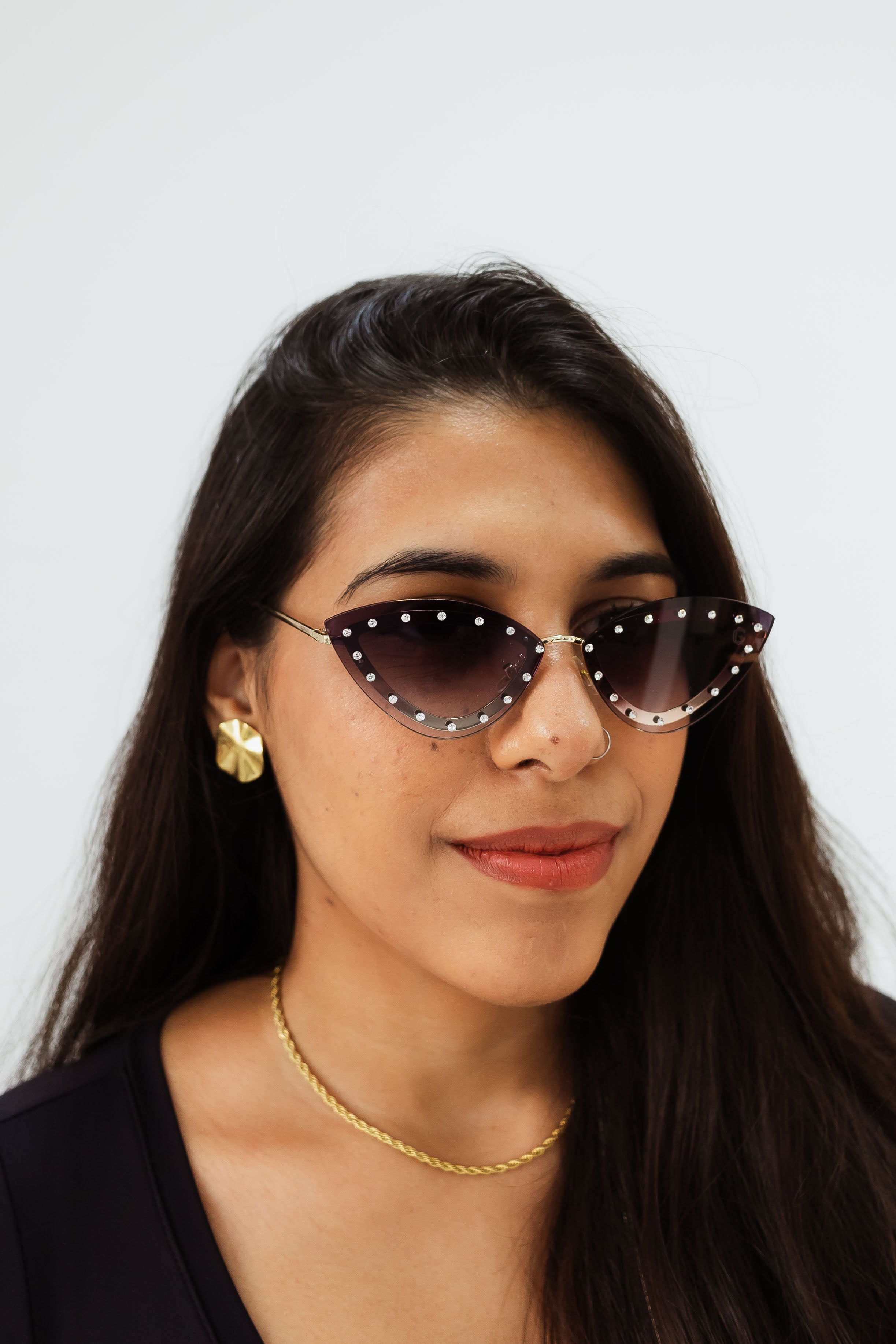 Óculos de Sol Feminino Party Cat Eye Preto com Strass